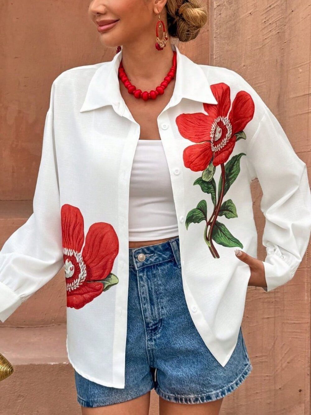 White Boho Women's Relaxed Fit Elegant floral Printed Collar button down Blouse - Picture 2 of 6